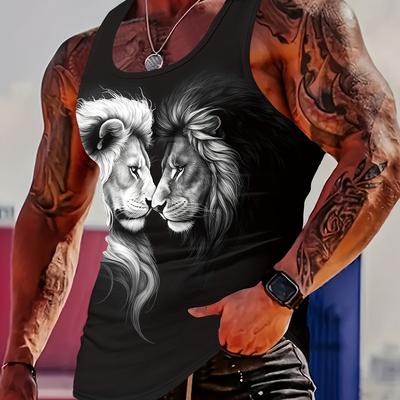 TEMU Men' Lion Print Sleeveless Tank Top - Comfortable, Soft, Narrow Shoulder Strap, Casual Summer Wear, Sleeveless Tank Top | Vibrant Graphic Top | Image
