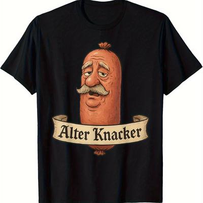 "TEMU Old Funny Sausage Men's T-shirt - Vintage Humorous Graphic Tee With "alter " German Text, Loose Fit Casual Shirt For Parties, Carnivals & Casual Attire (black), Party Attire, Cartoonish Design," Image