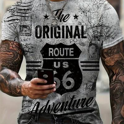 "TEMU Men's Vintage Graphic T-shirt - " Adventure" Design With Sign, Blue Casual Crew Neck Tee, Light Stretch, & Summer , Everyday Tshirt | Vintage Design |" Image