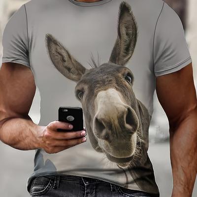 TEMU Men' Gray Short Sleeve T-shirt With Realistic Donkey Face Print – Casual Crew Neck Pullover For Outdoor, Fitness & Casual Attire Image