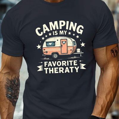 "TEMU Men's "camping Is Relax" Graphic Tee - Casual Crew Neck Short Sleeve, Lightweight Summer Shirt With Design, Comfy Polyester Blend For" Image