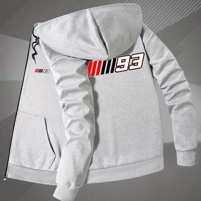 "TEMU Men' "93" Print Hoodie Jacket - Casual, Zip-up, Fall/winter Outerwear With Pockets, Slim Fit, No Lining, Casual Winter Jacket | Trendy Hoodie | Zippered Jacket" Image