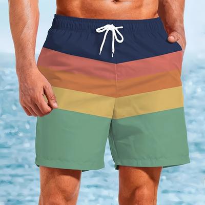 TEMU Men's Quick-dry Beach Shorts With 3d Print Striped Pattern - Elastic Waistband, Drawstring, Lightweight For Swimming, Surfing & Summer Outdoor Activities, Swim Shorts Image