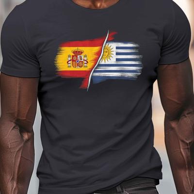 TEMU Spain & Uruguay Flag Print Men's T-shirt - Casual Crew Neck, Short Sleeve, Lightweight Summer Tee Image