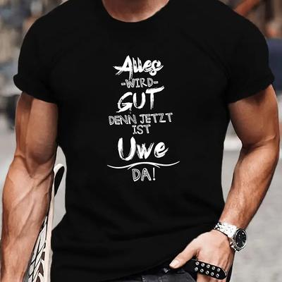TEMU Now Uwe Men's Short Sleeve T-shirt - Royal Blue Geometric Summer Tee, Breathable Regular Fit, Machine Washable, Casual Attire, Text Design, Comfortable Fabric Image