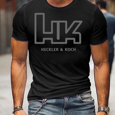 TEMU Hk Emblem Men's T-shirt - White Logo Print , Regular Fit Casual Tee, Machine Washable , Stylish Designer Casual Wear, T-shirt Stylish, Everyday , Classic Round Neck, Durable Fabric Image