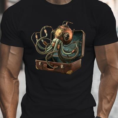 TEMU Men's Steampunk Squid Graphic Tee - Casual Crew Neck Short Sleeve, Lightweight Polyester Summer Shirt With Vintage Suitcase Design Image