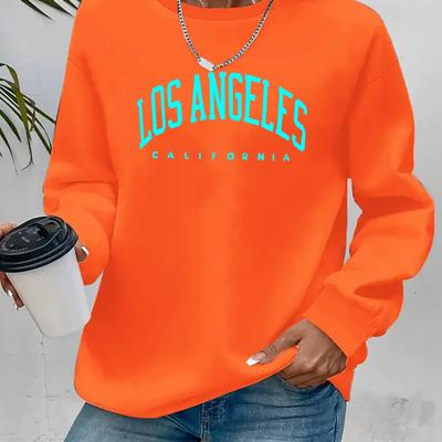 TEMU Women's Los Angeles California Graphic Print Pullover Hoodie - Vibrant Orange With Teal Lettering, Casual Round Neck Long Sleeve, Machine Washable Autumn Winter Warm Sweatshirt, Everyday Image