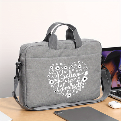 "TEMU Stylish Gray Nylon Laptop Bag With Inspirational ""believe In Yourself"" Design - Fits 14-15.6 Inch Laptops, Detachable Shoulder Strap, Zipper Closure, Briefcase For , Ideal Valentine's Gift"