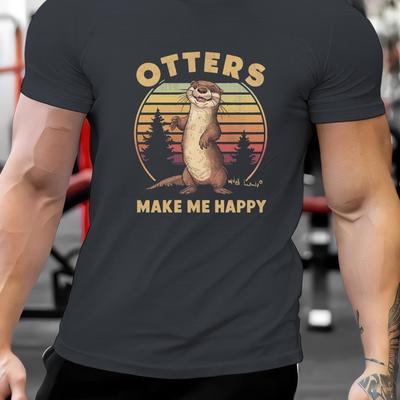 "TEMU [1pc " Happy" T-shirt] 1pc Men's Casual Summer T-shirt, Polyester Knit Fabric, Quick-dry Breathable Sportswear, Geometric Otter Graphic, Round Neck, Regular Fit - " Happy" Design" Image
