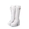 Neue Stil Heißer Verkauf Frühling Herbst Schnürung Kniehohe Stiefel Frauen Mode Weiß Platz Ferse Frau Leder Schuhe Winter Große Größe 43