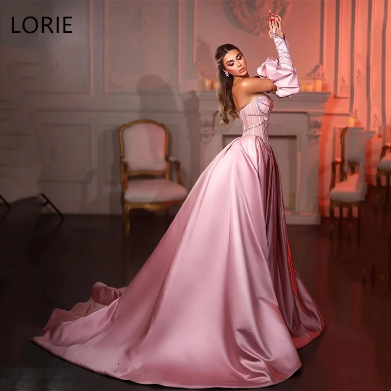 LORIE Elegant Pink A-Line Satin Wedding Dresses Strapless Floor-Length Pleated Bride Prom Gown Side Slit Bridal Gowns Customized