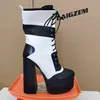 LAIGZEM Damen Wadenstiefel Patchwork Schnürung Dicke High Heels Stiefel Kunstleder Damenschuhe Frau Große Größe 38 41 43 47 52