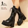 Punk Stil Frau Schwarze Stiefel Dicke Plattform Frauen Schuhe 10 CM Chunky Heels Herbst Winter Schnalle Lace-up Mid-kalb Stiefel 43
