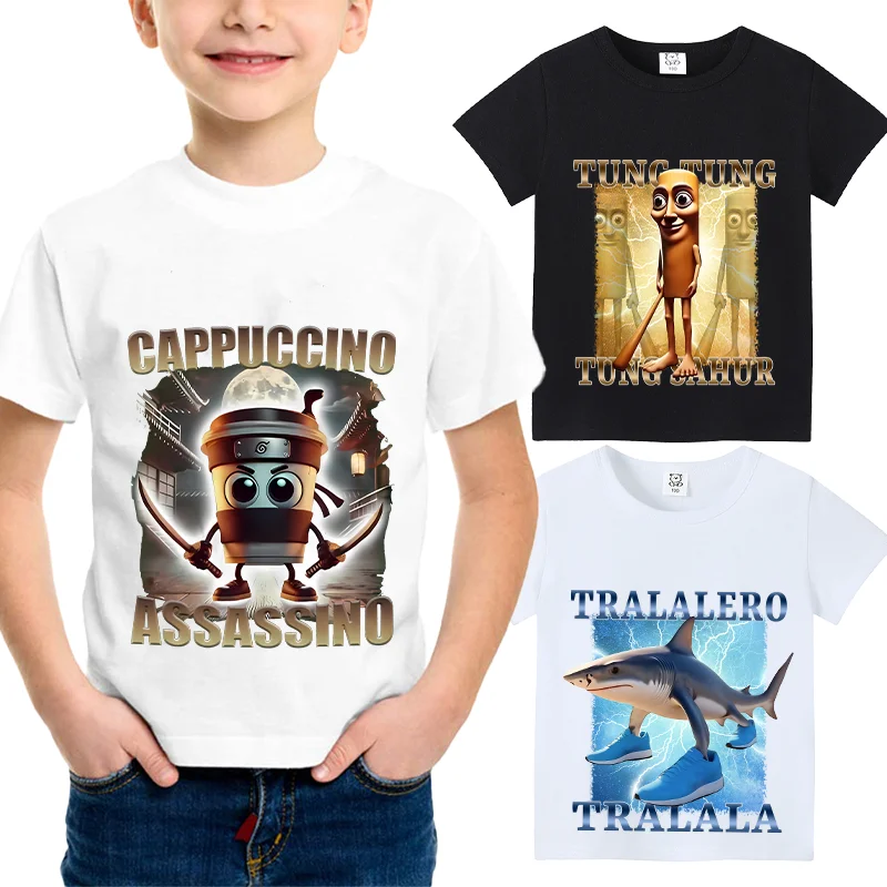 Italienisches Brainrot-Tiere-Kinder-Baumwoll-T-Shirt Cappuccino Assassino Kurzarm-Tops für Kinder Lustiges Meme Niedliches T-Shirt Sommerkleidung Image