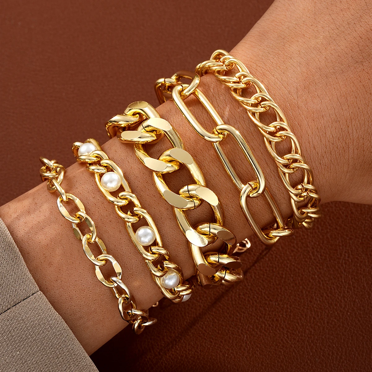 5 Teile/satz Chunky Metall Kette Armbänder Für Frauen Einfache Gold Silber Farbe Imitation Perle Perlen Armband Mode Schmuck Geschenk Neue