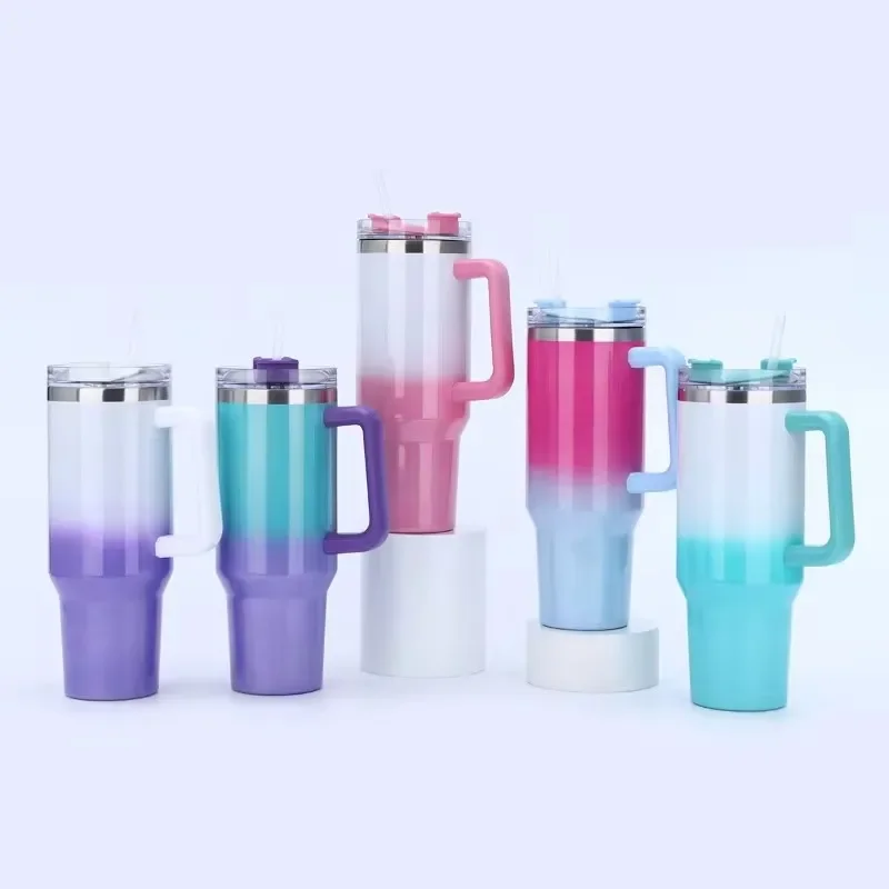40-Unzen-Thermosbecher aus Edelstahl mit Griffdeckel und Strohhalm, isolierter Regenbogenfarben-Reisebecher für heiße und kalte Getränke im Freien Image