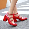Große Größe Frühling Frauen Pumpen Dicken Block High Heel Patent Leder Runde Kappe Herbst Büro Kleid Party Braut Rote Dame Schuhe 34-43