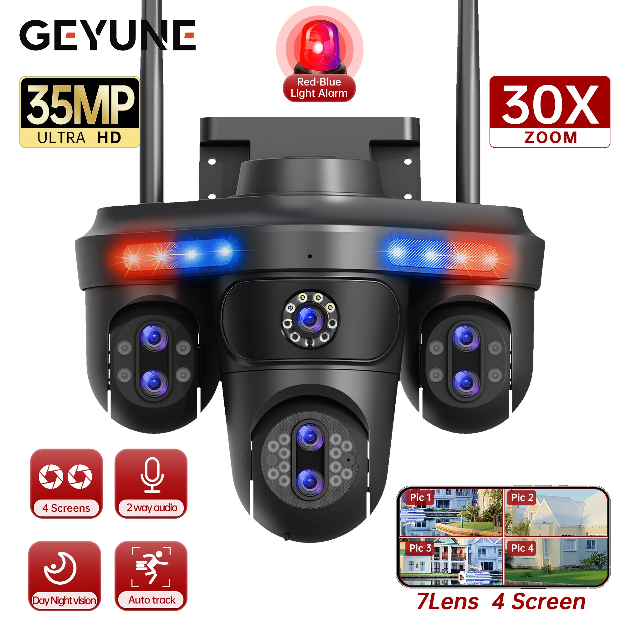 GEYUNE 35 MP WiFi IP-Kamera, 4 Bildschirme, 7 Objektive, 10-facher Zoom, kabellose PTZ-Überwachungskamera für den Außenbereich, automatische Verfolgung, CCTV-Überwachungskamera