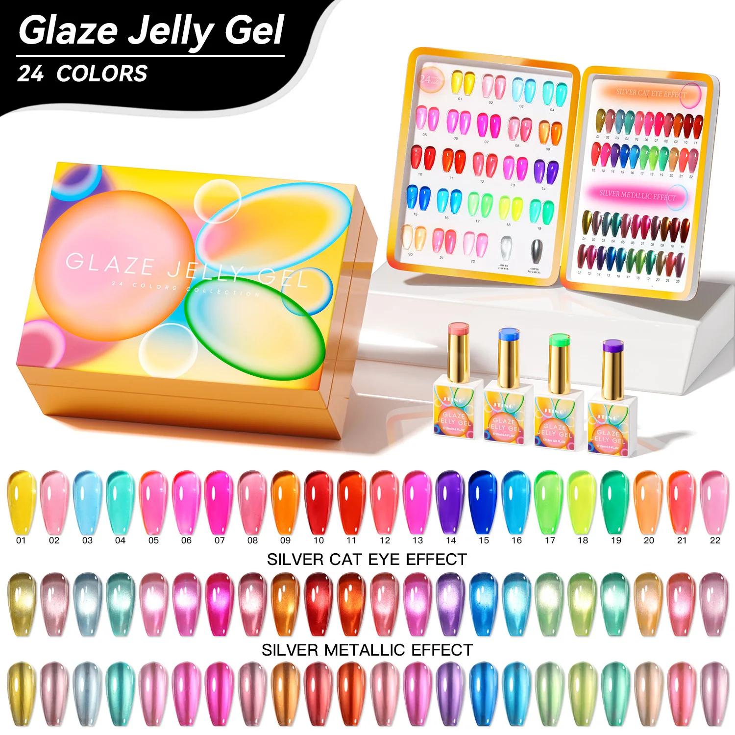 Eleanos Hotsale Neues 24-Farben-Neon-Eis-transluzentes Rüstungs-Nagellack-Gel-Set mit Farbbuch, Gelee-Farbgel mit Katzenaugen-Metalleffekt Image