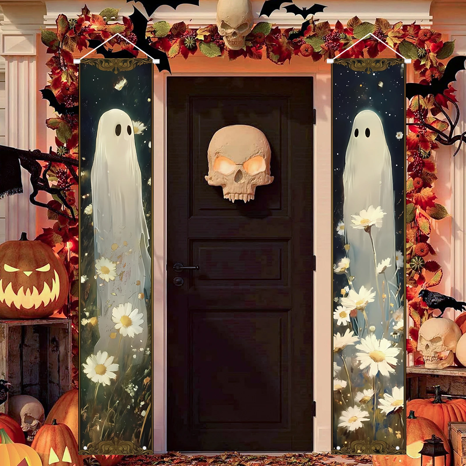 Halloween Vintage Veranda Banner Dekorationen Gruselige süße Geisterblumen Hängeschilder für Happy Halloween Outdoor Indoor Veranda Dekor Image