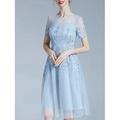 Abito A-Line Abito da Madre della Sposa Elegante Collo a Girokin Knee Length Tulle Manica Corta con Pieghe Ricamo