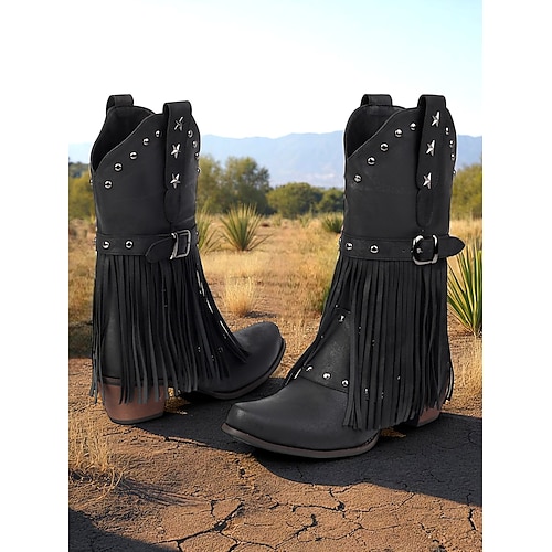 Per donna Stivali Stivali da biker Stivali da Moto Scarpe con nappe Feste Club Abbigliamento casual alla moda Stella Rivetto Nappa Tacco grosso Punta Tonda Bohemien Punk Moda Pelle PU Slip-on Nero