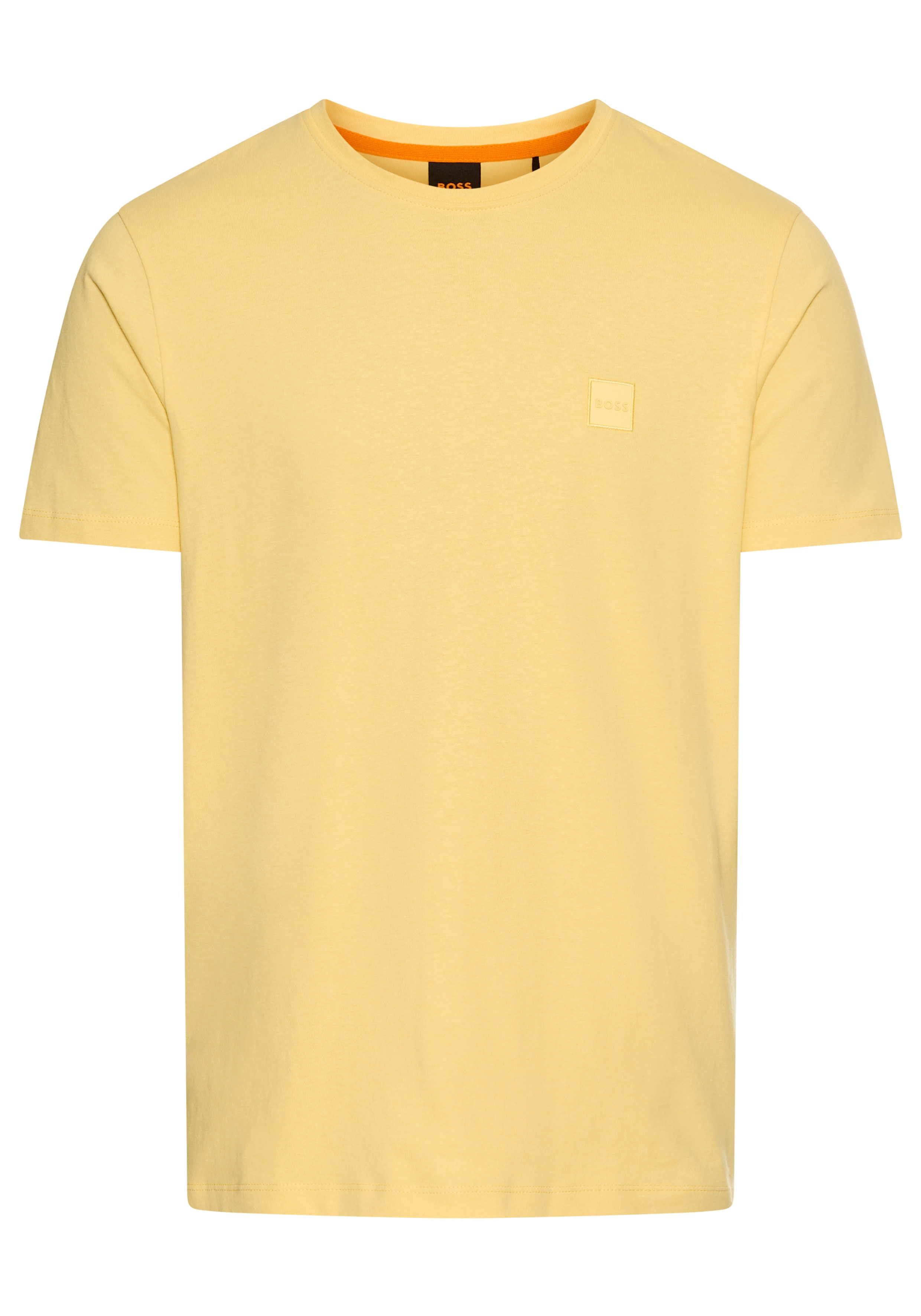 T-Shirt BOSS ORANGE "Tales", Damen, Gr. L, gelb (open gelb751), Web, Obermaterial: 100% Baumwolle, Basic normal, Rundhals, eng eingefasste Kante, Shirts T-Shirt, mit BOSS Stickerei auf der Brust