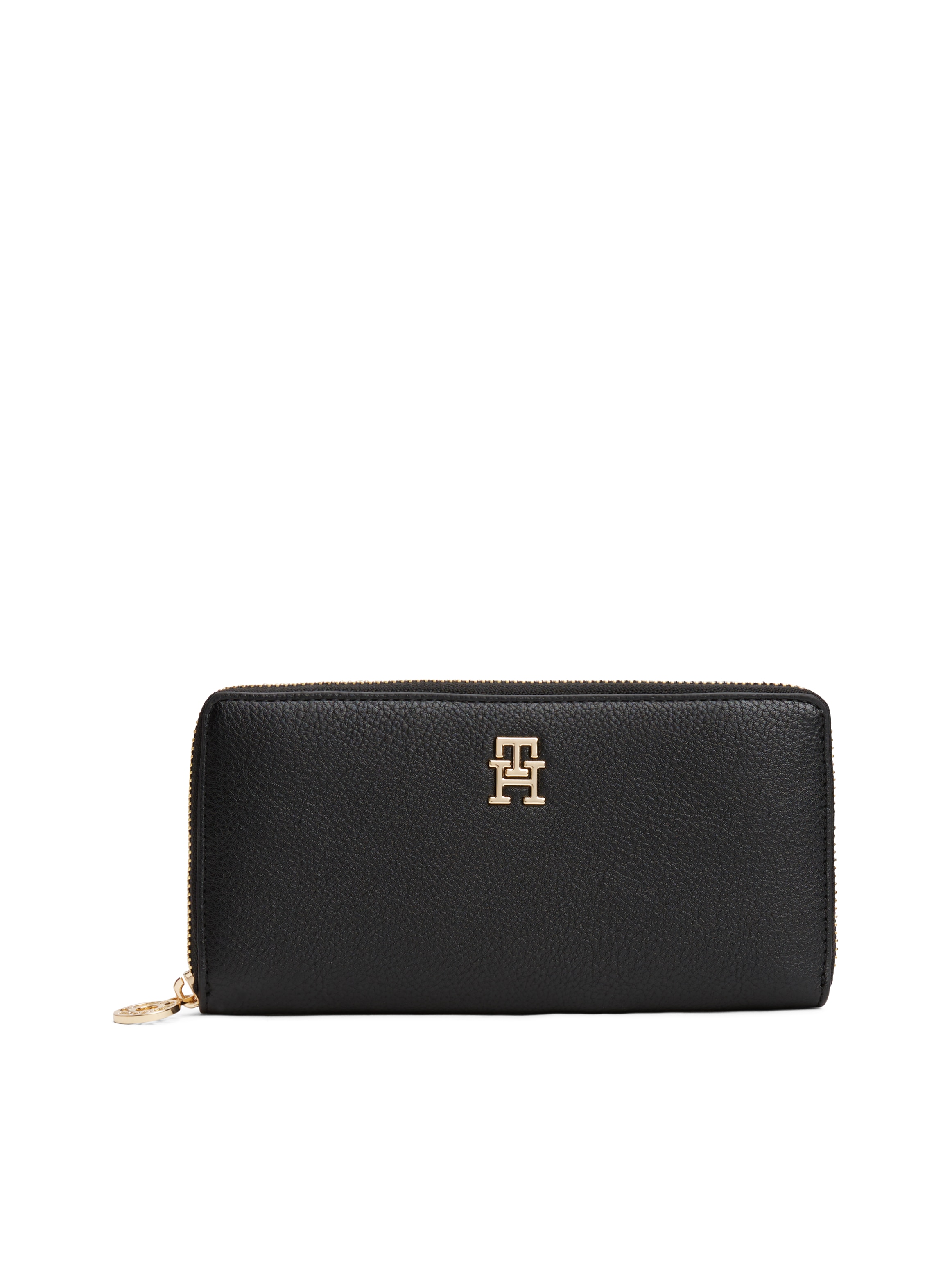 Geldbörse TOMMY HILFIGER "TH DISTINCT LRG ZA", schwarz, Lederimitat, Kleinlederwaren, Damen Geldbeutel, Portemonnaie mit goldfarbenem TH-Logoelement Image