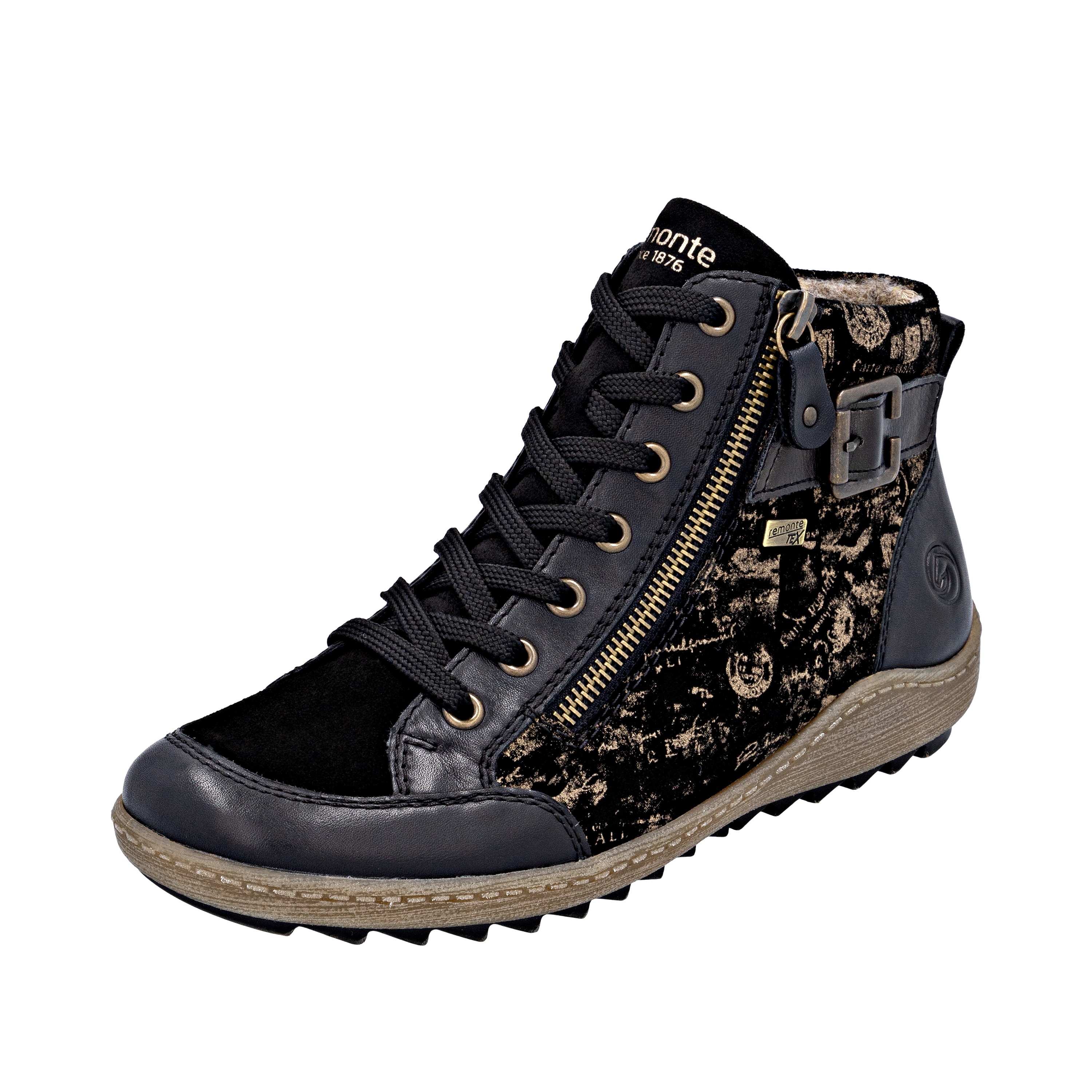 Schnürboots REMONTE, Damen, Gr. 39, bunt (schwarz, kupferfarben), Glattleder, Veloursleder, Basic, Schuhe, Winterboots, Stiefelette, Casual Boots, wasserabweisende TEX-Membran