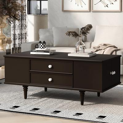 Modern Rectangle Coffee Table with 4 Drawers & 2 Side Hidden Storage Compartments, Center Table with 4 Solid Wood Legs