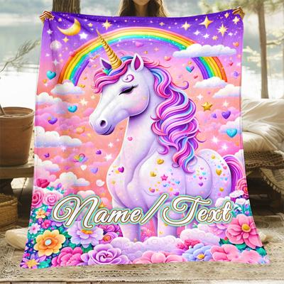 "TEMU 1pc Custom Name Rainbow Unicorn Flannel Blanket – Soft, Lightweight Throw With Pastel Design For Sofa, Bed, Travel & Camping – Warm Fleece Fabric, 31" " To 60" X 80" Sizes" Image