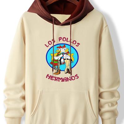 TEMU 1pc Los Pollos Print Hoodie, Casual Polyester Knit Fabric With Stretch, Hooded Collar, Regular Image