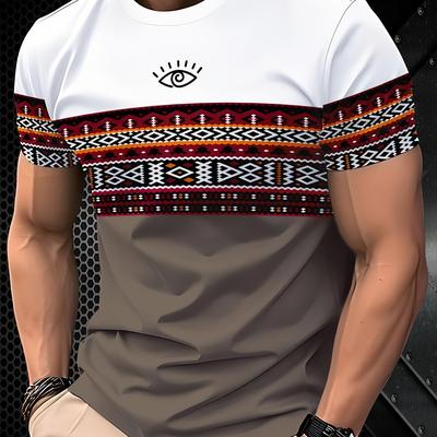 TEMU Men's Summer Casual T-shirt With 3d Geometric Print – Round Neck, Short Sleeve, Stretch Fabric, , Beige & Block, Casual Attire, Sporty Apparel | Machine Washable Image