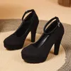 Große Größe 42, sexy Super-High-Heels-Schuhe für Damen, Knöchelschnalle, klobige Plateau-Pumps, Damen-Party-Schuhe mit schwarzem Flock und quadratischem Absatz