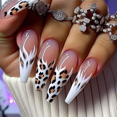 TEMU Complete Set Of 24pcs Of Extra Long Ballet -on False Nails With Glossy Leopard Print Gradient , Including 1 Jelly Glue And 1 Nail File, Parties, Dance And Press-on Nails, Removable And Reusable Image
