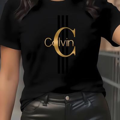 TEMU Women's Casual Short Sleeve T-shirt With Golden '' Logo Print - Black Round Neck Tee, Medium Stretch Fabric, Machine Washable For Everyday Image