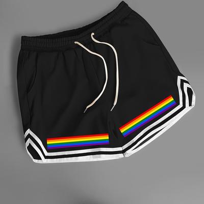 TEMU Men's Casual Summer Shorts With Pockets - Drawstring, Loose Fit, Rainbow Stripe & White , Orange Basketball & Beach Swim Trunks For Sports, Running & Leisure Image