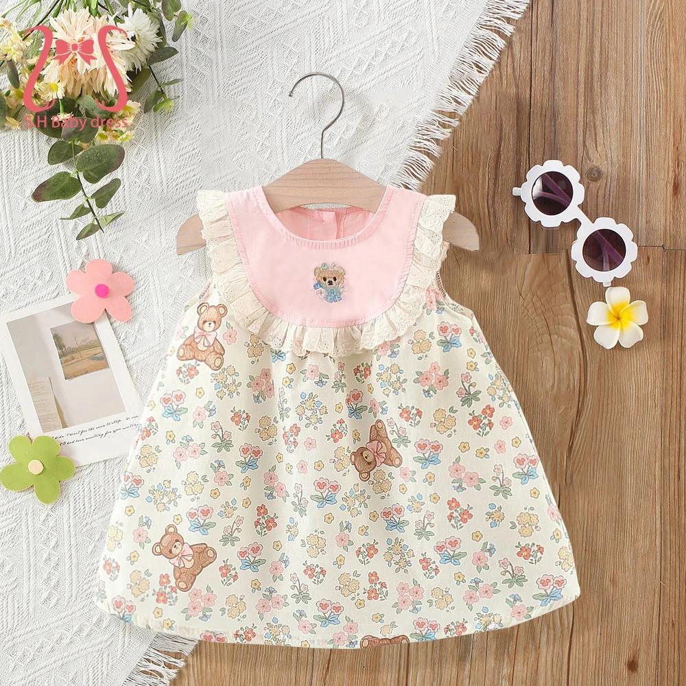 0-4 Jahre Schöne Kind Cartoons Kleidung Zarte Blumen Bären Baby Mädchen Ärmelloses Kleid Weiche Kleinkind Sommer Tragen Kinder kleidung Image