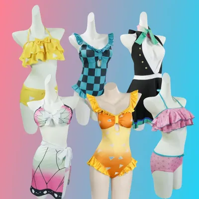 Anime Kamado Kanroji Cosplay Nezuko Mitsuri Bademode Kostüme Sexy Bikinis für Frau Mädchen Sommer Badeanzug Pool Karneval Party Image