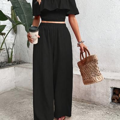 TEMU Off-shoulder Ruffle Hem Crop Top And Flared Pants Image