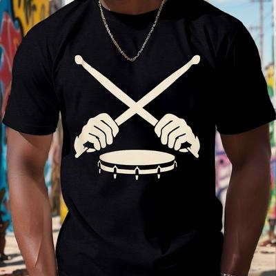 TEMU Men's Royal Blue Graphic T-shirt - Casual Short Sleeve, 100% Polyester Tee With Round Neck - Machine Washable, Summer Streetwear, Drummer T Shirt Image