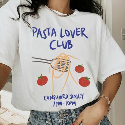 TEMU Women's 100% T-shirt - Pasta Lover With Spaghetti & Tomato Print, Short Sleeve Crew Neck Casual Top For Outdoor Activities, Wear, Machine Washable Image