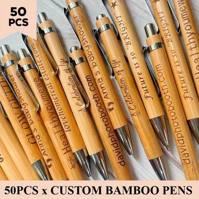 TEMU 50pcs Personalized Ballpoint Pen Bamboo Fountain Pens Carved Round Ballpoint Pencil Guest Book Party Favors For Country Wedding Gifts Image