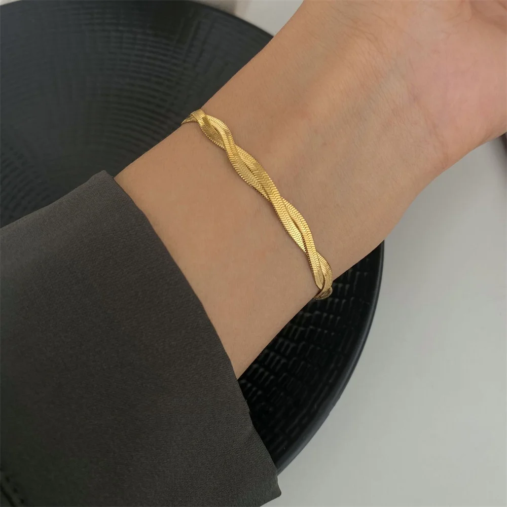 Punk-Armband mit flachen kubanischen Gliedern, 7 mm, goldfarben, Edelstahl, geflochten, für Damen und Herren, modischer Partyschmuck, Geschenk Image