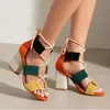 Orange Blau Gelb Patchwork Seile Kreuz Gebunden Schnüren Hohl Blockabsatz Sommer Sandalen Frauen Römischen High Heel Schuhe Dame Größe 43