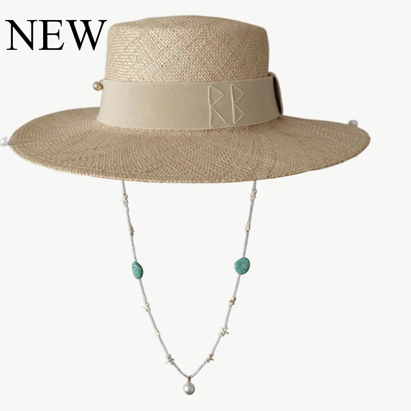 Sommer Strohhüte für Frauen Band Dekoration Elegante Damen Party Kleid Hüte Reise Strand Sonnenhut Seestern Perlenkette Image