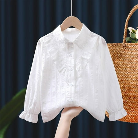 NAISIBABY Girls Long Sleeve Shirt Cotton Cute Ruffles Buttons Collar Kids Causal Formal Tops White 3T