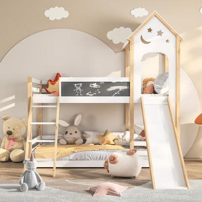 Rosahqnda - Kinder-Etagenbett 90x200 cm, Kiefernholzhausbett für 2 Kinder, Etagenbett mit Rutsche, Image