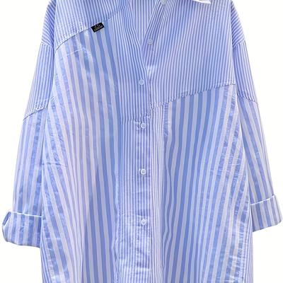 TEMU Women's Casual Long Sleeve Striped Button-up Shirt With Lapel Collar And Half- Detail - Light Blue And White Vertical Stripes, Lightweight Polyester Fabric For All Image